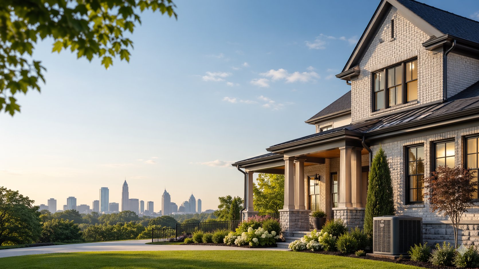 Beautiful Atlanta-area home with an AC unit installed outside, lush green landscaping, and the Atlanta metropolitan skyline visible in the background at golden hour